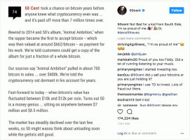 Rapper 50 Cent realiseerde zich net dat hij een Bitcoin-miljonair is