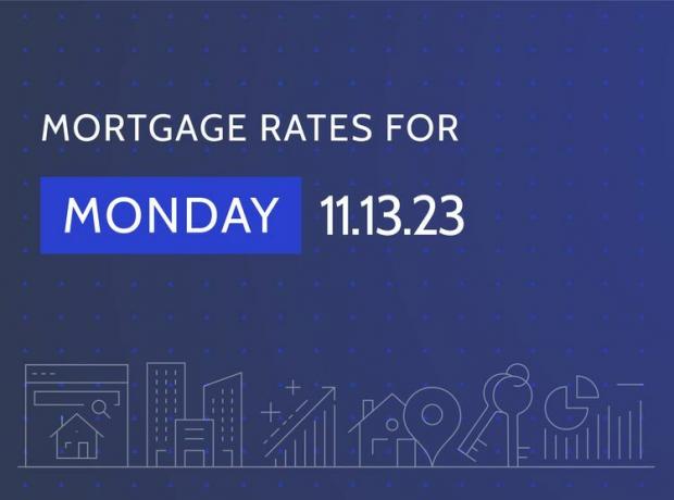 Ilustracija po meri prikazuje naslov »Hipotekarne obrestne mere za ponedeljek, 13.11.23« na temno modrem ozadju z belimi črtnimi slikami hiše, zgradb, grafa s puščicami navzgor, tipk in tortnih grafikonov.