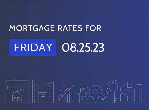 Слова âMortgage Rates for Friday 08.25.23â на темно-синьому фоні з графікою, пов’язаною з житлом