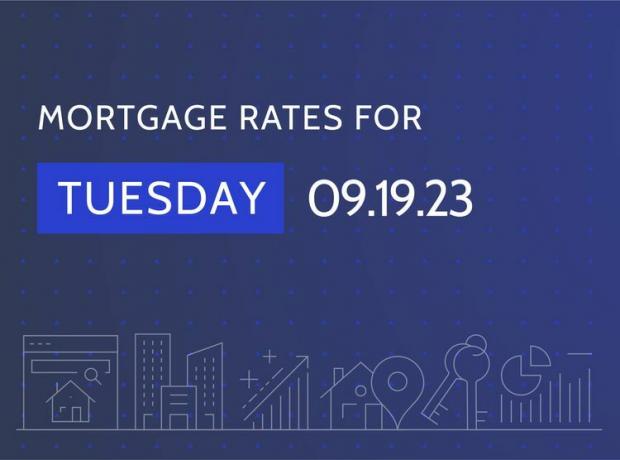 Nápis „ Sadzby hypotéky na utorok 19.09.23“ na tmavomodrom pozadí s grafikou súvisiacou s bývaním