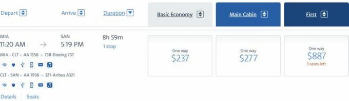 Et billede, der viser prisen i dollars for en American Airlines-flyvning fra MIA til SAN.