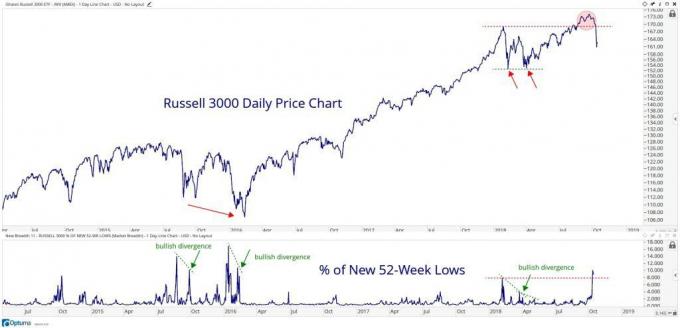 Diagrama, rodanti „Russell 3000“ indekso 52 savaičių žemiausių procentų procentą