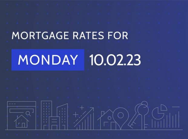 Думите „Ипотечни проценти за понеделник, 10.02.23 г.“ на тъмносин фон с графики, свързани с жилища