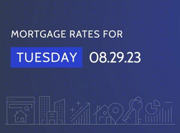 Die Worte „Hypothekenzinsen für Dienstag, 29.08.23“ auf einem dunkelblauen Hintergrund mit wohnungsbezogenen Grafiken