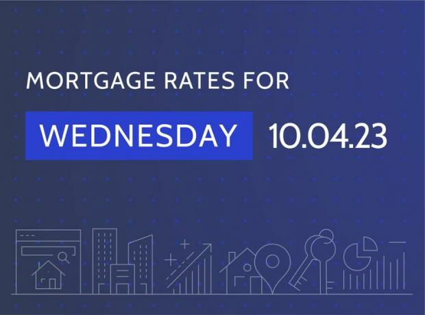 Besede »Hipotekarne obrestne mere za sredo, 10.4.23« na temno modrem ozadju z grafiko, povezano s stanovanji