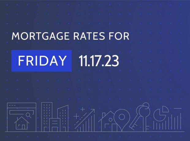 Ilustrația personalizată arată titlul „Ratele ipotecare pentru vineri 17.11.23” pe un fundal albastru închis cu imagini în linii albe ale unei case, clădiri, grafic cu săgeți în sus, taste și diagrame circulare.