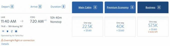 Slika, ki prikazuje stroške v miljah za let družbe American Airlines iz LAX-a v CDG.