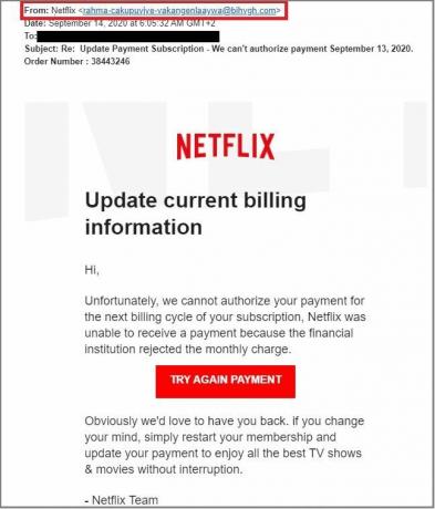Email de esquema de phishing da Netflix