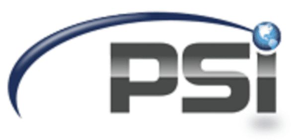 Prestige Services Inc. logotipas. Baltame fone mėlynos spalvos raidės „PSi“. „i“ yra mažosiomis raidėmis ir turi planetos Žemės rutulį, kad taškas būtų „i“.