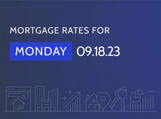 Die Worte „Hypothekenzinsen für Montag, 18.09.23“ auf dunkelblauem Hintergrund mit wohnungsbezogenen Grafiken