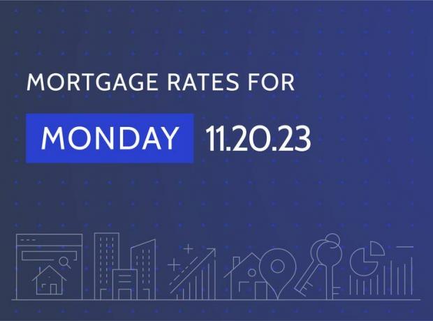 Die benutzerdefinierte Illustration zeigt den Titel „Hypothekenzinsen für Montag, 20.11.23“ auf einem dunkelblauen Hintergrund mit weißen Linienbildern eines Hauses, Gebäuden, einem Diagramm mit Aufwärtspfeilen, Schlüsseln und Kreisdiagrammen.