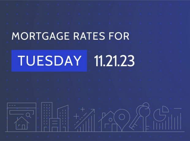 Die benutzerdefinierte Illustration zeigt den Titel „Hypothekenzinsen für Dienstag, 21.11.23“ auf einem dunkelblauen Hintergrund mit weißen Linienbildern eines Hauses, Gebäuden, einem Diagramm mit Aufwärtspfeilen, Schlüsseln und Kreisdiagrammen.