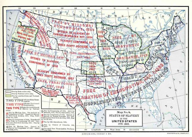 El mapa en color, titulado 'Mapa No 8, Situación de la esclavitud en los Estados Unidos, 1775-1865', ilustra la aplicación territorial de varias leyes relacionadas con la esclavitud, publicadas en 1898. Entre las leyes citadas se encuentran el Compromiso de Missouri, la Decisión Dred Scott, la Ley de Kansas Nebraska y la Proclamación de Emancipación.